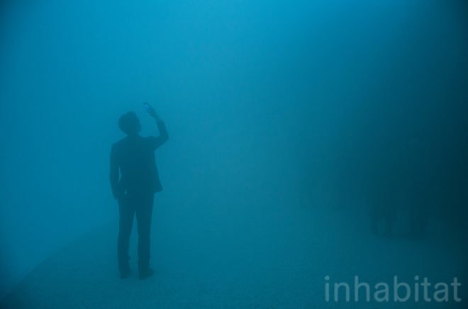 Silhouette of a person holding their phone, taking a photo inside the dome.