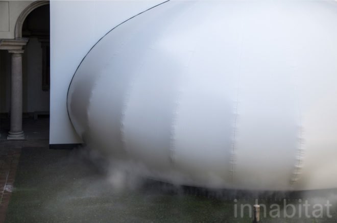 Exterior image of the installment, which is a white, bubble-like dome.