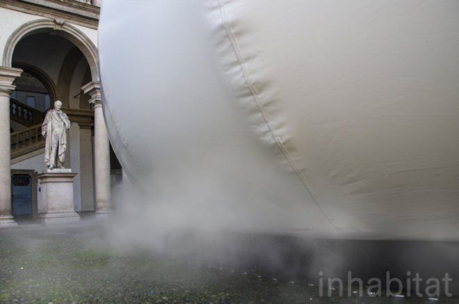 Exterior image of the installment, which is a white, bubble-like dome.