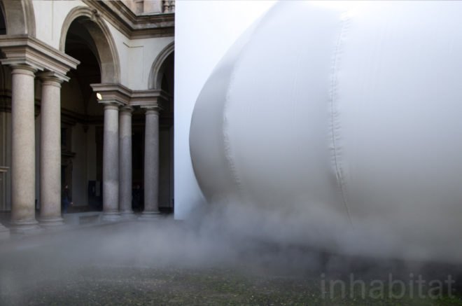 Exterior image of the installment, which is a white, bubble-like dome.