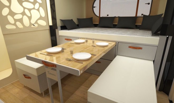 The dining area of a travel trailer.