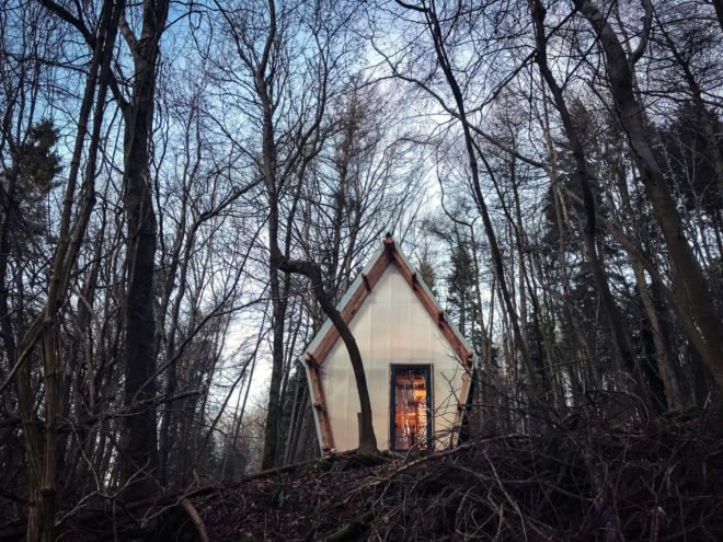 Trailer by Invisible Studio, Invisible Studio same section milling, low cost timber cabin, low cost self build project, plywood interior and polycarbonate cladding, reclaimed materials in self build project, Invisible Studio design build