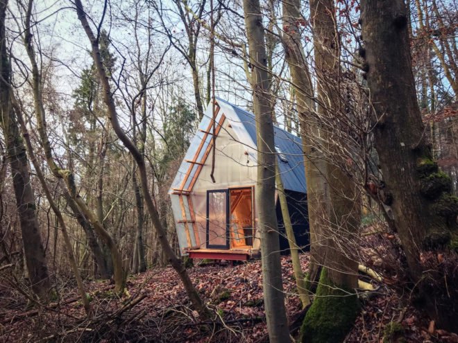 Trailer by Invisible Studio, Invisible Studio same section milling, low cost timber cabin, low cost self build project, plywood interior and polycarbonate cladding, reclaimed materials in self build project, Invisible Studio design build