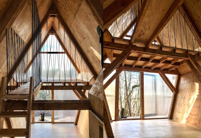 Trailer by Invisible Studio, Invisible Studio same section milling, low cost timber cabin, low cost self build project, plywood interior and polycarbonate cladding, reclaimed materials in self build project, Invisible Studio design build