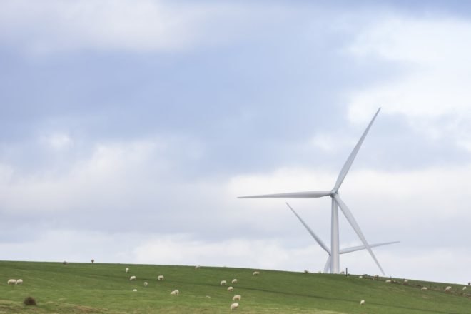 Wind turbines near a farm in rural Great Britain