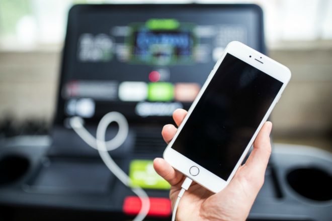 A smart phone is connected to the treadmill.