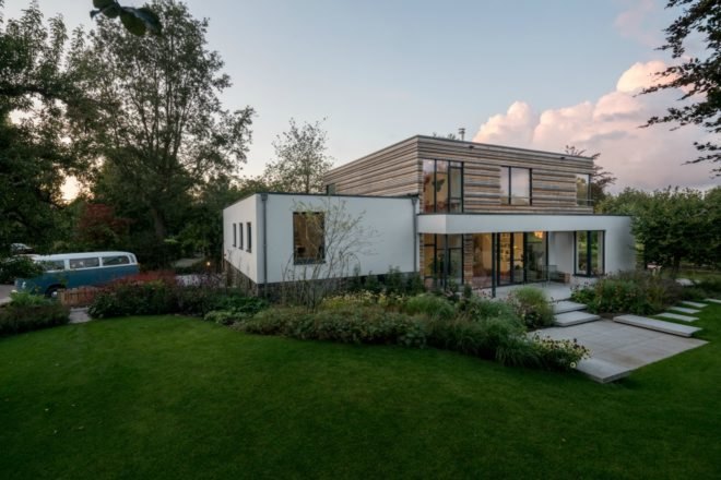 The exterior of the home in the evening.