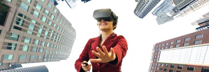 Virtual reality, VR, immersive virtual reality, urban, city, skyline, woman