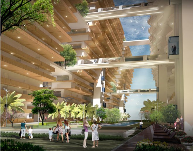 In this computer-generated image, people stand and admire the buildings' greenery. On each level, there is a glass tunnel between the buildings.