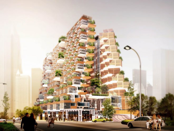 This design features the exterior of a tall building with plenty of greenery on each level.