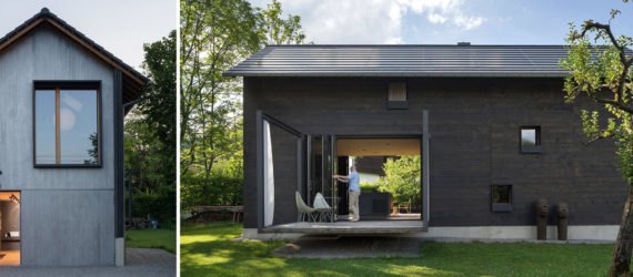 Image on the left shows home with door open. Image on the right shows side of home with man on the terrace.