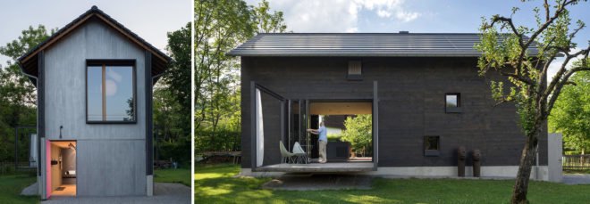 Image on the left shows home with door open. Image on the right shows side of home with man on the terrace.