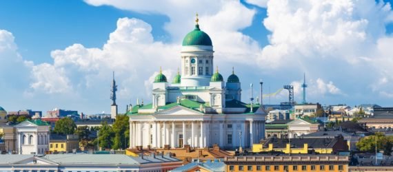A summertime scene of Helsinki, with the Helsinki Cathedral featured prominently.