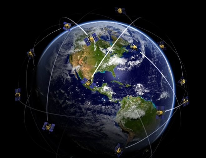 Planet Earth surrounded by satellites