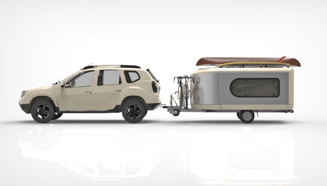 A side view of a white SUV pulling the Tipoon travel pod.