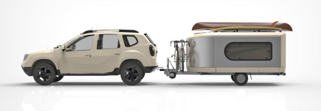 A side view of a white SUV pulling the Tipoon travel pod.