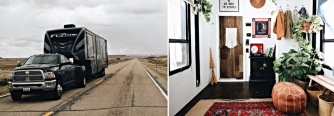 black toy hauler and interior living space.
