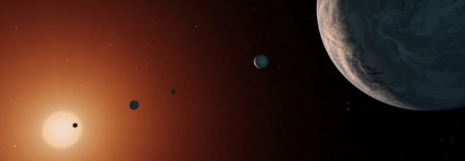 Artist's depiction of the Trappist-1 planets and star