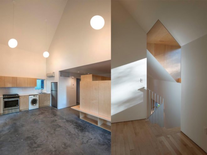 Left image of an unfurnished kitchen with an oven and washing machine, right image of an unfurnished living space with hardwood floors