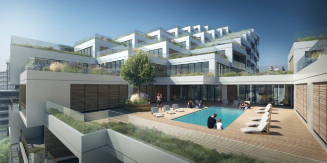 green tiered building with pool