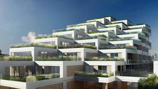 multiple tiers of green roofed apartments