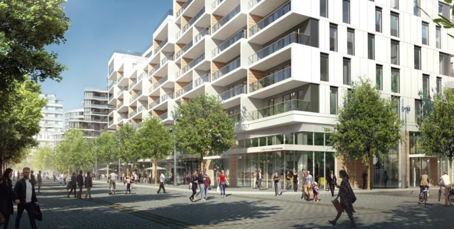 ground shot of building with people walking around 