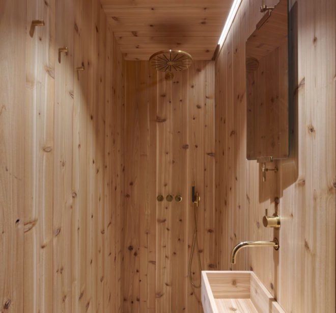 A bathroom with cedar walls
