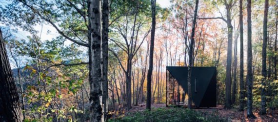 A triangular tiny house in the woods