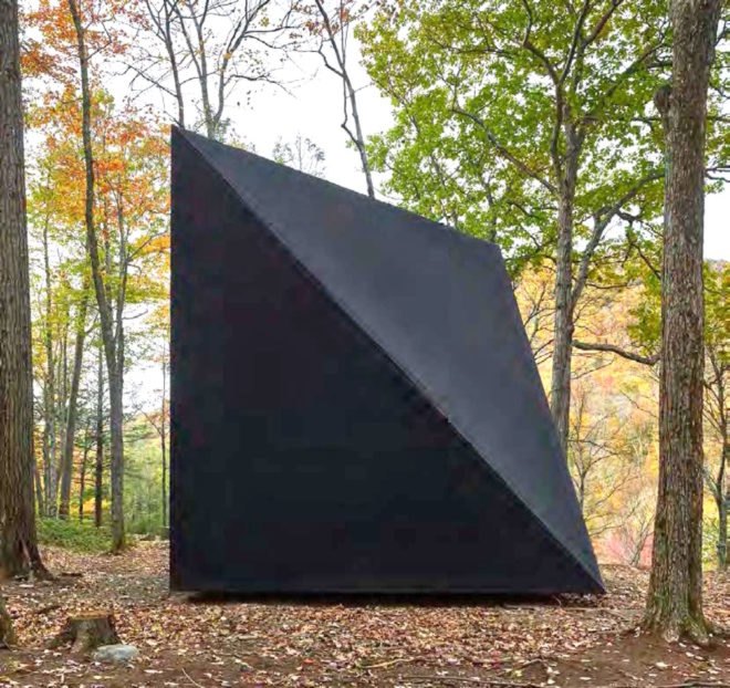 A black, triangular tiny house in the woods