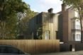 Exterior shot of a cube-shaped timber home.
