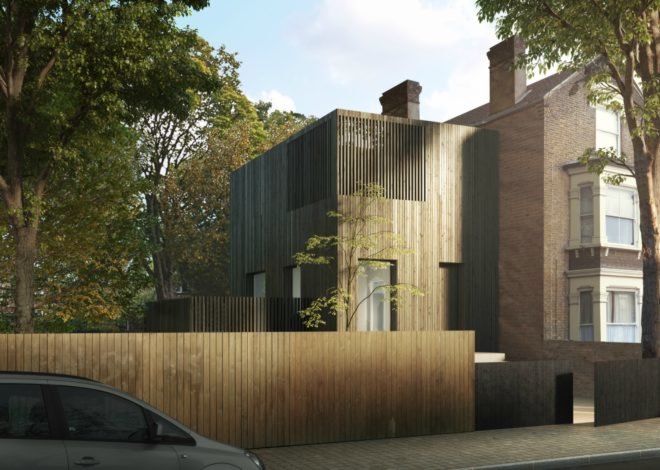 Exterior shot of a cube-shaped timber home.