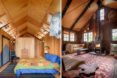 On the left, bedroom with large bed and gabled ceiling. On the right, living room with gabled ceiling.