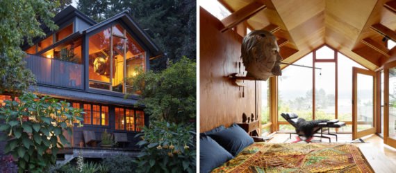 On the left, exterior of the home. On the right, bedroom with timber walls and a large glass window.
