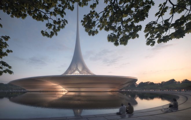dusk view high court complex Amaravati by Foster + Partners