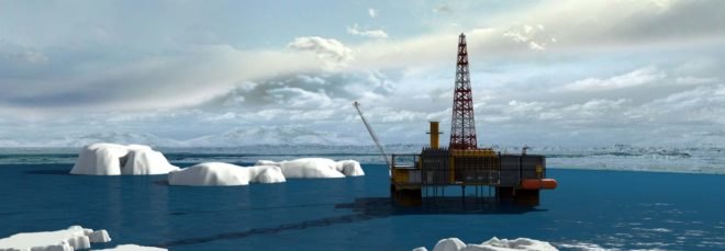 An oil pump in a blue sea with ice floes