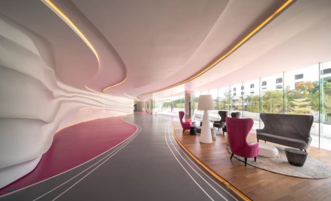 Bright pink, gray and white lobby