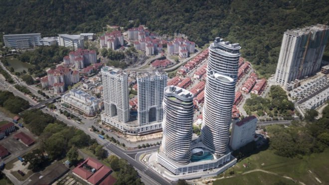 A drone aerial shot of the Arte S towers.