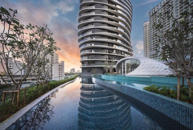 The outdoor pool and gym areas
