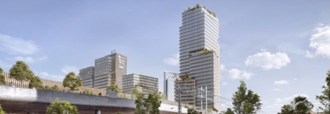 Street view of a plaza with a timber skyscraper