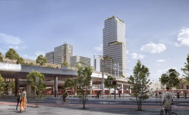 Street view of a plaza with a timber skyscraper
