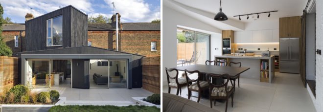 Left image is of the exterior of the home. Right image is of the dining and kitchen area.