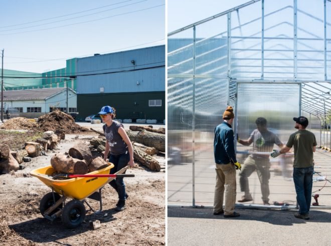 Dual image of a woman pushing a wheelbarrow and three men building a greenhouse