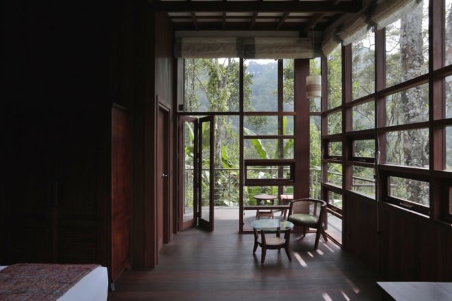 Interior of the cabins made from wood and several windows