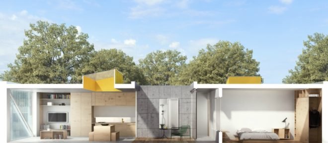 A rendering of a one-story bungalows interior, with yellow skylights above