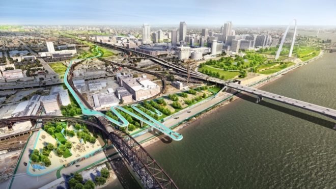 Rendering of an overhead view of St. Louis with proposed greenway project