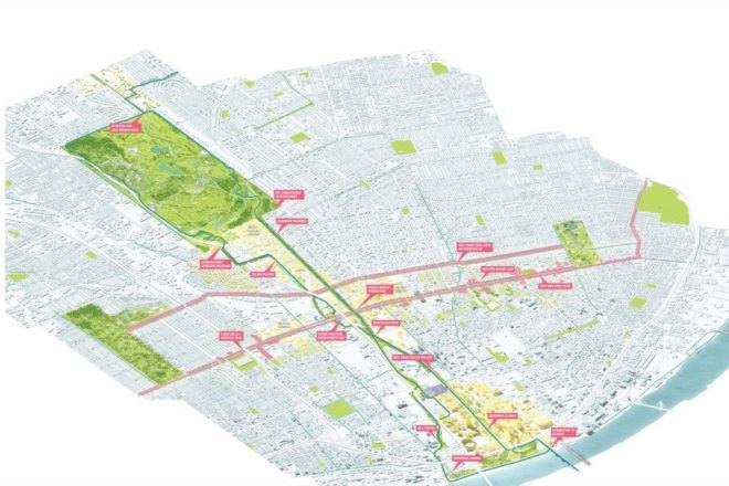 A diagram of a planned urban greenway project in St. Louis