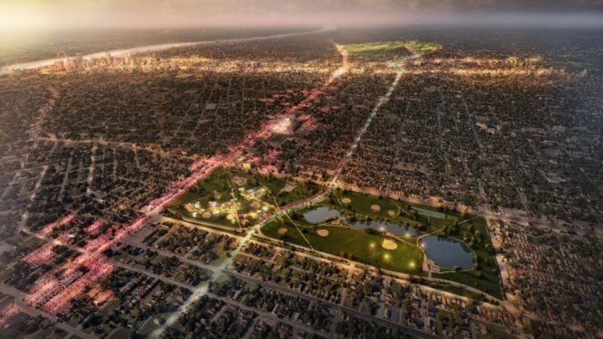 A rendering of St. Louis at night with a proposed greenway