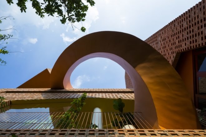 Upward image of a curved stairway outside