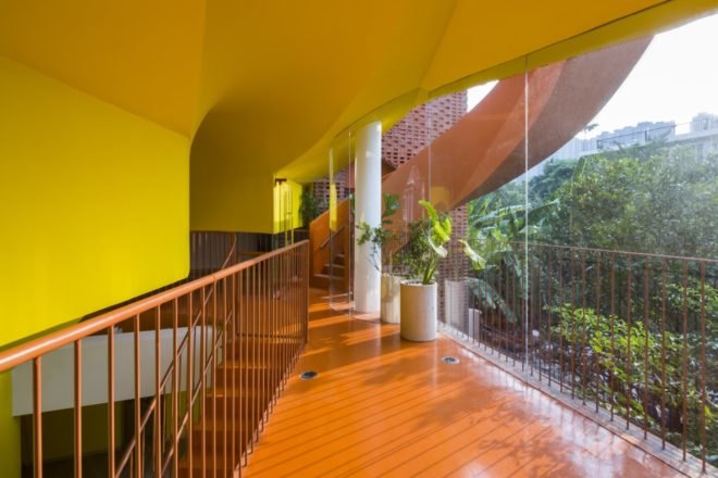 brightly colored hallway and ceiling