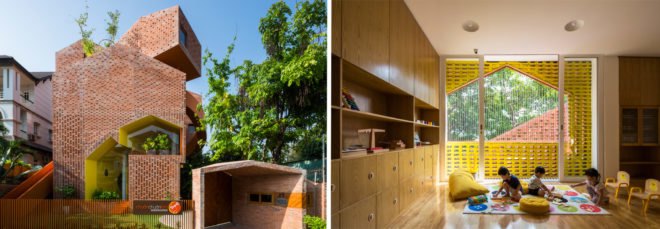 Left image is of the exterior of the building. Right image is of kids playing in a classroom.